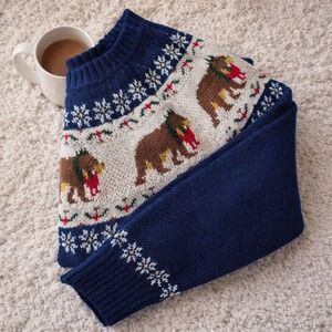 Fair Isle Bear Sweater Women Large Navy Blue Good Holiday Knit Pullover